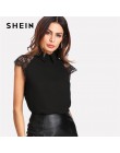 SHEIN Floral koronkowa czapka z daszkiem bluzka czarny Peter pan kołnierz przycisk kobiety elegancki top lato z krótkim rękawem 