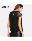 SHEIN Floral koronkowa czapka z daszkiem bluzka czarny Peter pan kołnierz przycisk kobiety elegancki top lato z krótkim rękawem 