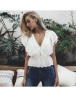 Simplee Sexy v neck lato bluzka kobiety elegancki wzburzyć haftowana z wysokim stanem bawełniana koszula moda biała bluzka 2019 