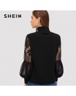 SHEIN kobiety czarny wysoka Neck koronki latarnia rękaw Top z długim rękawem moda Mesh bluzka damska z długim rękawem wzór druku