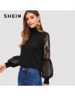 SHEIN kobiety czarny wysoka Neck koronki latarnia rękaw Top z długim rękawem moda Mesh bluzka damska z długim rękawem wzór druku