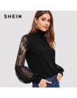 SHEIN kobiety czarny wysoka Neck koronki latarnia rękaw Top z długim rękawem moda Mesh bluzka damska z długim rękawem wzór druku