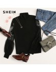 SHEIN kobiety czarny wysoka Neck koronki latarnia rękaw Top z długim rękawem moda Mesh bluzka damska z długim rękawem wzór druku