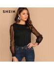 SHEIN nowoczesne Lady czarna perła zroszony siatki z długim rękawem okrągły dekolt zwykły Top kobiety Streetwear jesień minimali