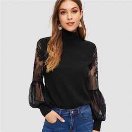 SHEIN kobiety czarny wysoka Neck koronki latarnia rękaw Top z długim rękawem moda Mesh bluzka damska z długim rękawem wzór druku