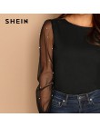 SHEIN nowoczesne Lady czarna perła zroszony siatki z długim rękawem okrągły dekolt zwykły Top kobiety Streetwear jesień minimali