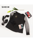 SHEIN nowoczesne Lady czarna perła zroszony siatki z długim rękawem okrągły dekolt zwykły Top kobiety Streetwear jesień minimali