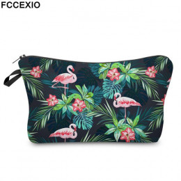 FCCEXIO drukuj kosmetyczka Flamingo z tropikalne kwiaty dłoń zielony świeże moda przenośna torba na kosmetyki do makijażu podróż