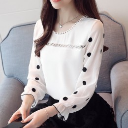 Z długim rękawem kobiety bluzka koszula moda 2019 szyfonowa odzież damska słodkie o-neck czarna kropka białe kobiece topy blusas
