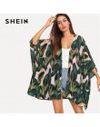 SHEIN Multicolor tropikalny dżungla liść drukuj Batwing rękawem Kimono 2019 kobiety lato z długim rękawem, w którym znajduje się