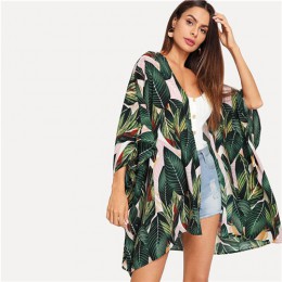 SHEIN Multicolor tropikalny dżungla liść drukuj Batwing rękawem Kimono 2019 kobiety lato z długim rękawem, w którym znajduje się