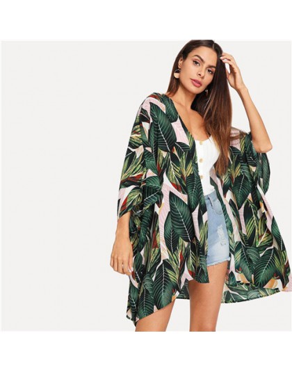 SHEIN Multicolor tropikalny dżungla liść drukuj Batwing rękawem Kimono 2019 kobiety lato z długim rękawem, w którym znajduje się