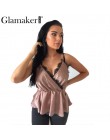 Glamaker Sexy v neck podstawowe koronki kobiety camisole satyna brązowy backless luźne lato bez rękawów kobiet elegancki krótki 