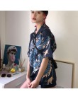 Modna elegancka oversizowa koszula damska z kołnierzykiem luźna rękaw do łokcia oryginalna grafika orientalnego smoka
