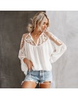 Nowe panie przyjazdu Boho Mesh koronki hak kwiat latarnia rękaw luźny krótki szyfonowa bluzka koszule kobiety moda codzienne blu