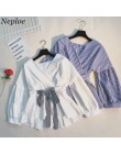 Neploe japoński wiosna moda Wąskie koszule Ruffles Lace Up z długim rękawem Blusas regulowany pas z dekoltem w kształcie litery 