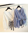 Neploe japoński wiosna moda Wąskie koszule Ruffles Lace Up z długim rękawem Blusas regulowany pas z dekoltem w kształcie litery 