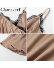 Glamaker Sexy v neck podstawowe koronki kobiety camisole satyna brązowy backless luźne lato bez rękawów kobiet elegancki krótki 