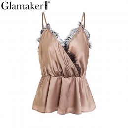 Glamaker Sexy v neck podstawowe koronki kobiety camisole satyna brązowy backless luźne lato bez rękawów kobiet elegancki krótki 