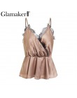 Glamaker Sexy v neck podstawowe koronki kobiety camisole satyna brązowy backless luźne lato bez rękawów kobiet elegancki krótki 