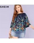 SHEIN Floral druku granatowy Plus rozmiar okrągły dekolt na co dzień kobiety bluzka 2018 nowy trzy czwarte rękaw botaniczny druk