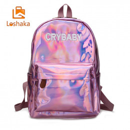 Loshaka w stylu hip-hop hafty litery Crybaby Hologram Laser plecak kobiety miękkie PU skórzany plecak torby szkolne dla dziewczą
