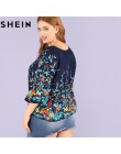 SHEIN Floral druku granatowy Plus rozmiar okrągły dekolt na co dzień kobiety bluzka 2018 nowy trzy czwarte rękaw botaniczny druk