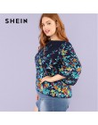 SHEIN Floral druku granatowy Plus rozmiar okrągły dekolt na co dzień kobiety bluzka 2018 nowy trzy czwarte rękaw botaniczny druk