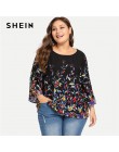 SHEIN Floral druku granatowy Plus rozmiar okrągły dekolt na co dzień kobiety bluzka 2018 nowy trzy czwarte rękaw botaniczny druk