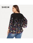 SHEIN Floral druku granatowy Plus rozmiar okrągły dekolt na co dzień kobiety bluzka 2018 nowy trzy czwarte rękaw botaniczny druk