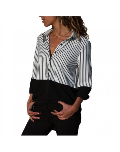 Kobiety bluzki 2019 w paski bluzka damska popy i bluzki z długim rękawem skręcić w dół kołnierz biuro bluzka koszula Blusas Tuni