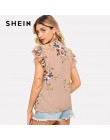 SHEIN falbanką na ramię wiązanej szyi kwiatowy bluzka różowy wzburzyć bez rękawów szyfonu bluzki kobiety lato na co dzień elegan