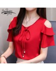 2019 moda łuk dekolt w kształcie litery v słodka odzież damska lato z krótkim rękawem szyfonowa bluzka damska bluzki czerwony ko