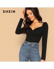 SHEIN Sexy czarny Zip powrót rękaw Puff szczupła wyposażone Wrap Sweetheart Neck bluzka kobiety z litego materiału wiosna klub H