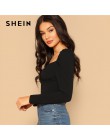 SHEIN Sexy czarny Zip powrót rękaw Puff szczupła wyposażone Wrap Sweetheart Neck bluzka kobiety z litego materiału wiosna klub H