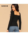 SHEIN Sexy czarny Zip powrót rękaw Puff szczupła wyposażone Wrap Sweetheart Neck bluzka kobiety z litego materiału wiosna klub H