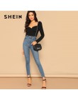 SHEIN Sexy czarny Zip powrót rękaw Puff szczupła wyposażone Wrap Sweetheart Neck bluzka kobiety z litego materiału wiosna klub H