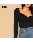 SHEIN Sexy czarny Zip powrót rękaw Puff szczupła wyposażone Wrap Sweetheart Neck bluzka kobiety z litego materiału wiosna klub H