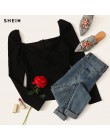 SHEIN Sexy czarny Zip powrót rękaw Puff szczupła wyposażone Wrap Sweetheart Neck bluzka kobiety z litego materiału wiosna klub H