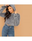 SHEIN szary, minimalistyczny, jednolity spadek ramię Crop Teddy bluza z kapturem bluza jesień na co dzień kobiety mody swetry bl