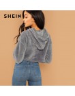 SHEIN szary, minimalistyczny, jednolity spadek ramię Crop Teddy bluza z kapturem bluza jesień na co dzień kobiety mody swetry bl