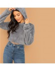 SHEIN szary, minimalistyczny, jednolity spadek ramię Crop Teddy bluza z kapturem bluza jesień na co dzień kobiety mody swetry bl