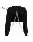 Modny krótki czarny crop top imitujący sportową bluzę z kapturem długim rękawem i oryginalnymi łańcuchami damska młodzieżowa