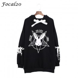 Focal20 Harajuku Pentagram drukuj Lace Up kobiety podszewki polarowe bluzy Gothic Punk Oversize aksamitna bluza z kapturem swetr