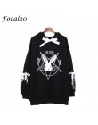 Focal20 Harajuku Pentagram drukuj Lace Up kobiety podszewki polarowe bluzy Gothic Punk Oversize aksamitna bluza z kapturem swetr