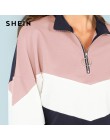 SHEIN Multicolor o-ring Zip przód cięcia i szycia bluza Athleisure stanąć kołnierz Raglan z długim rękawem bluza kobiet jesień s