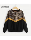 SweatyRocks Leopard Panel spadek ramię bluza z długim rękawem z dekoltem w kształcie litery "o" pulowerowe topy 2018 moda jesień