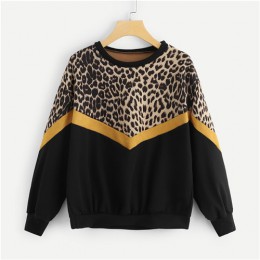 SweatyRocks Leopard Panel spadek ramię bluza z długim rękawem z dekoltem w kształcie litery "o" pulowerowe topy 2018 moda jesień