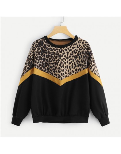 SweatyRocks Leopard Panel spadek ramię bluza z długim rękawem z dekoltem w kształcie litery "o" pulowerowe topy 2018 moda jesień