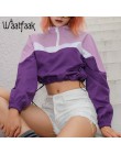 Waatfaak damskie bluzy luźna Crop Top bluza z kapturem Patchwork z kapturem z golfem jesień moda fioletowy bluza z długim rękawe